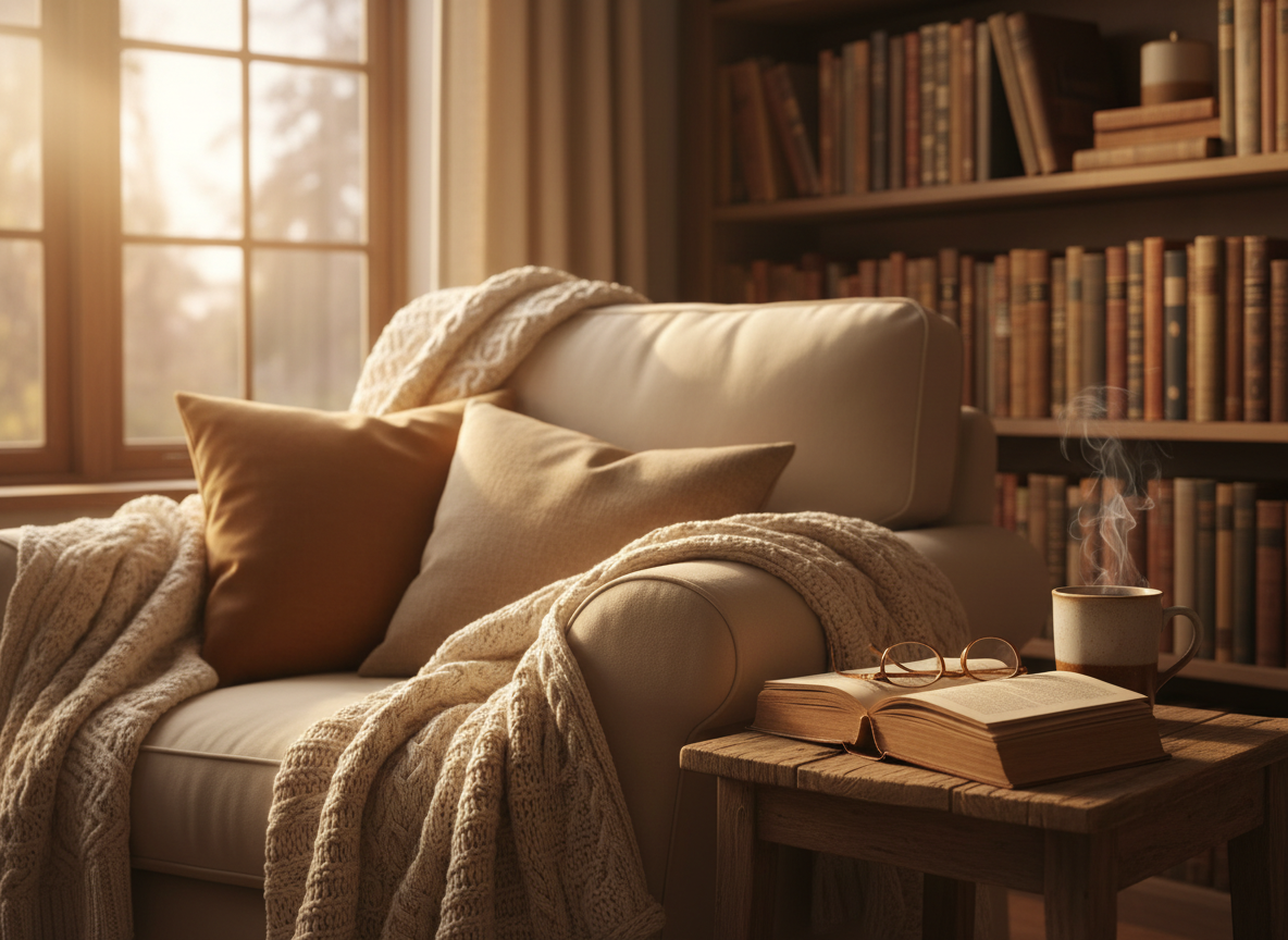 A cozy armchair with a knitted blanket, a steaming mug, and books bathed in warm golden light