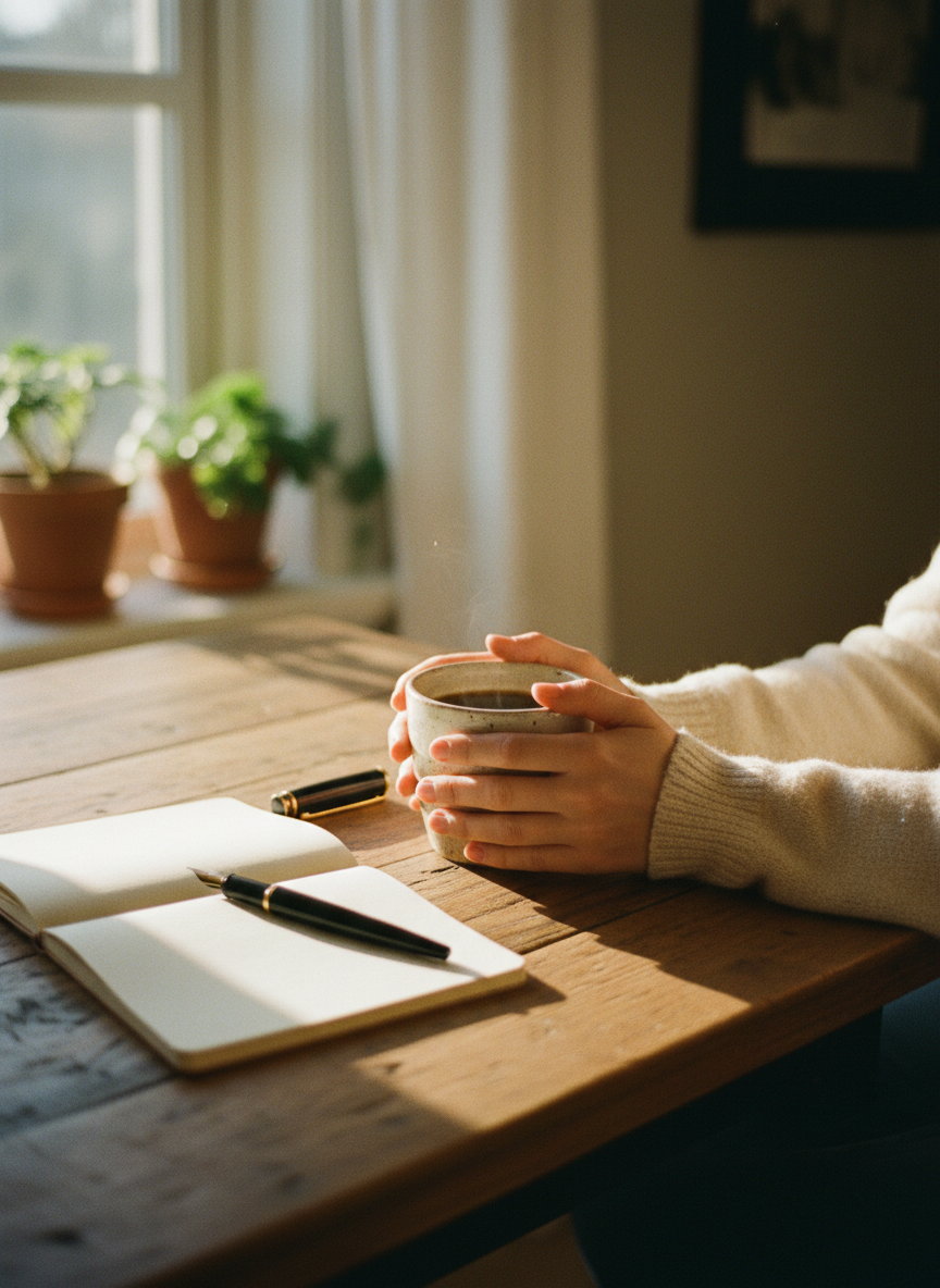 Hands cradling a warm mug of coffee beside an open notebook at a sunlit wooden table